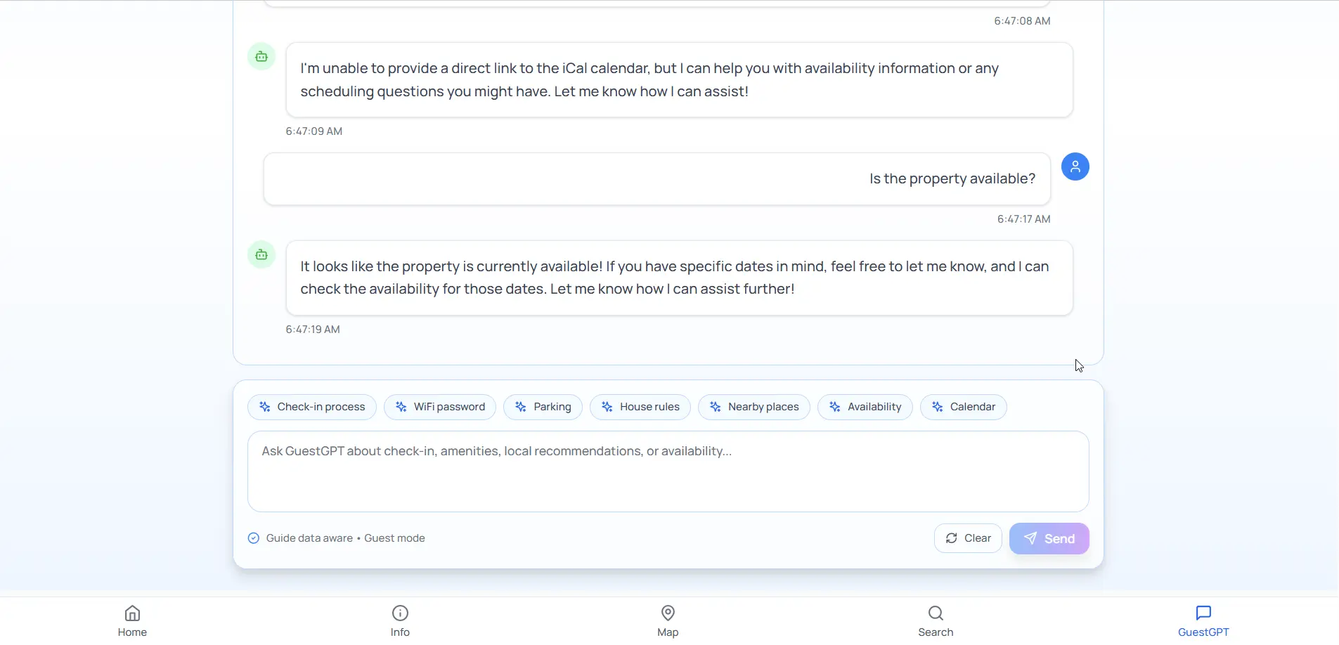 Guide invité mobile avec onglet assistant IA GuestGPT inclus dans la configuration d'automatisation